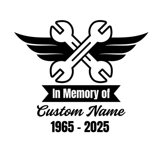 In Memory Of Mechanic Memorial Decal | Custom Name Vinyl Sticker with Crossed Wrenches | Available in 5 Colors - Nostalgi Factory