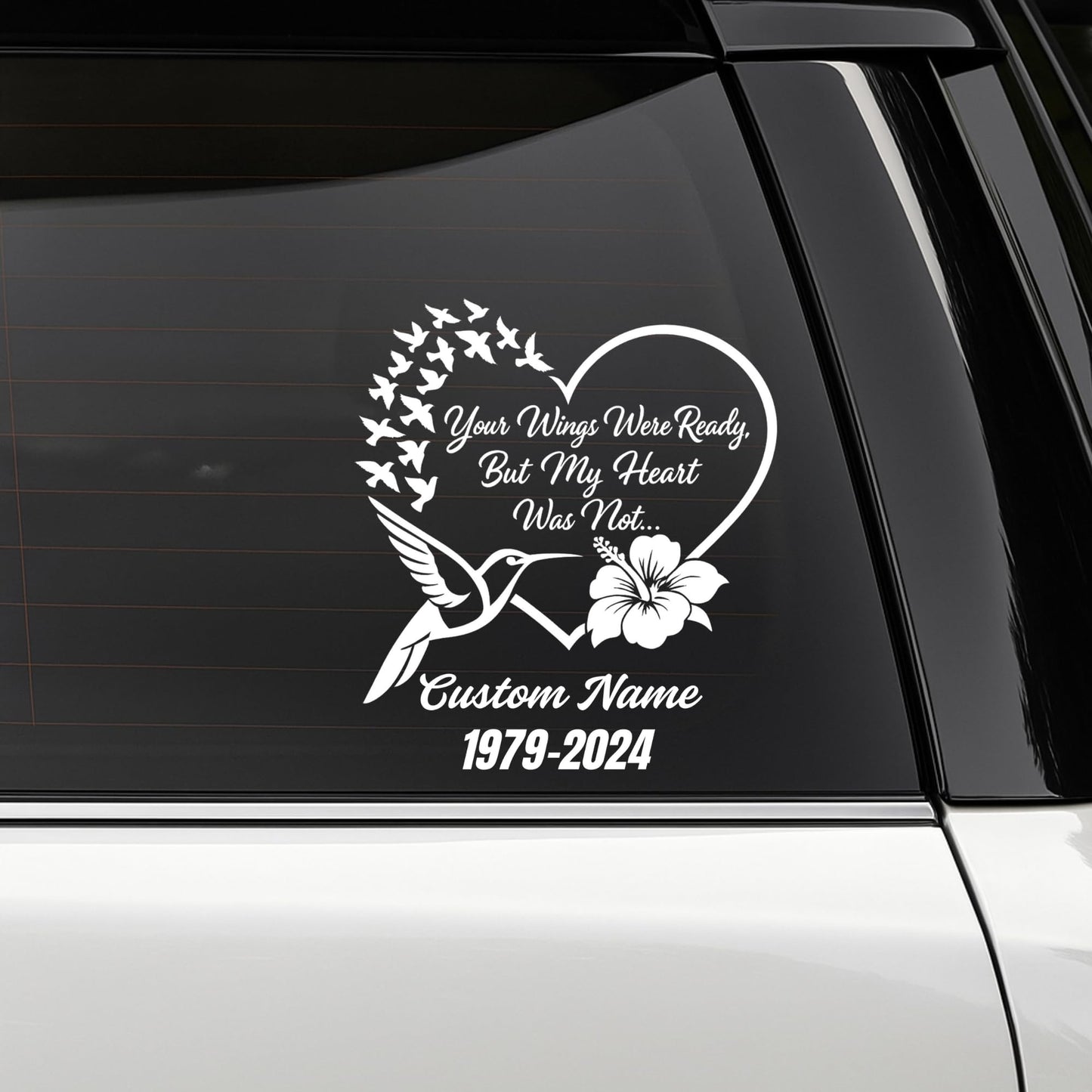 Memorial Car Decal | Customizable Hummingbird Heart Design with Dates | Permanent Vinyl Sticker | Multiple Colors Available - Nostalgi Factory