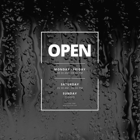 Business Hours Sign Decal | Contact Info | Open Monday-Saturday Hours | Modern Design | Various Colors Available - Nostalgi Factory