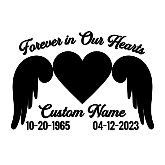 Custom Memorial Car Decal | Forever in Our Hearts Design with Angel Wings | Personalized Vinyl Sticker | 5 Color Options - Nostalgi Factory
