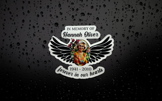 Personalized Memorial Photo Design with Angel Wings | Personalized Portrait | Sticker Decal | Black and White Tribute Display with Color Photo - Nostalgi Factory