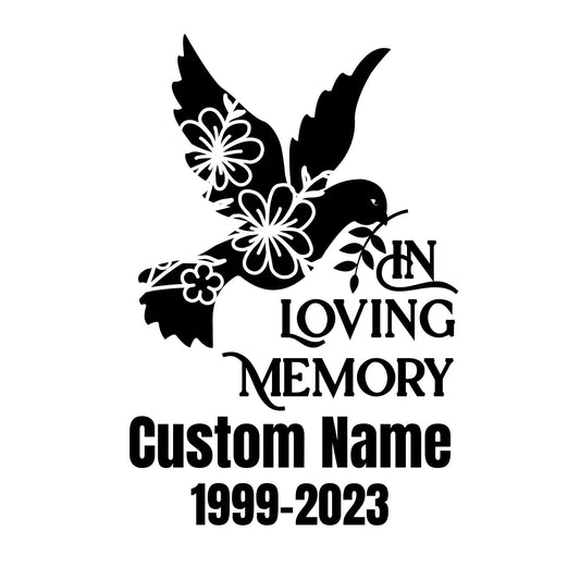 Personalized Dove Memorial | In Loving Memory Car Decal | Memorial with Custom Name and Dates | Permanent Vinyl | 5 Color Options - Nostalgi Factory