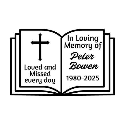 Memorial Car Decal |Loving Memory Bible Design with Cross | Customizable Vinyl Sticker | 5 Color Options - Nostalgi Factory