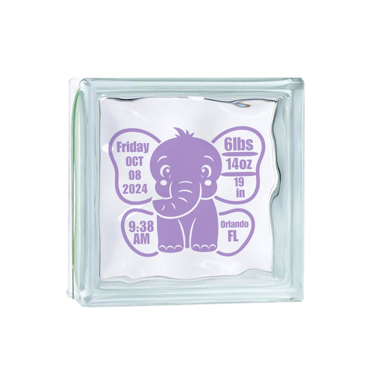Personalized Baby Birth Stats Vinyl Decal Art | Elephant Design | Glass Block Decal | Customized Shadow Box Decal Gift | Multiple Colors Available - Nostalgi Factory