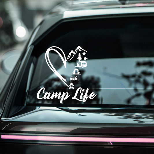 Camp Life Vinyl Decal | Outdoor Adventure Design with Heart | 5 Color Options | Permanent Adhesive for Cars - Nostalgi Factory