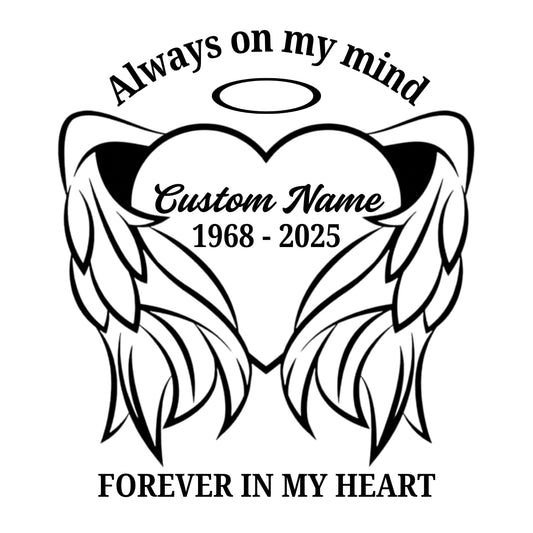 Personalized Memorial Car Decal | Angel Wings Heart Design | Custom Name and Dates | Vinyl Sticker | 'Always on My Mind Forever in My Heart' - Nostalgi Factory