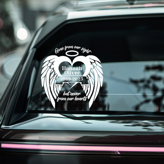 Memorial Angel Wings Car Decal | Customizable Vinyl Sticker | Gone from our sight but never from our hearts | 5 Color Options - Nostalgi Factory