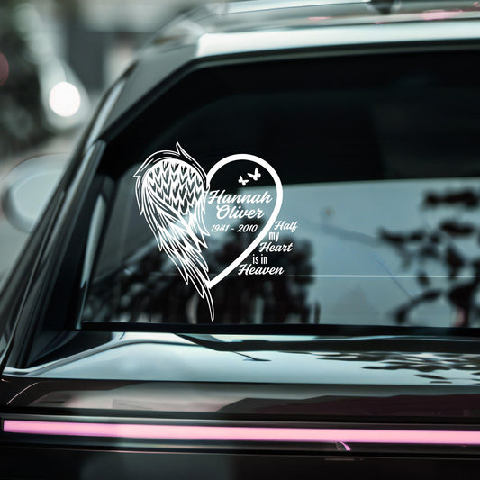 Memorial Angel Wing Heart Car Decal | Customizable Vinyl Sticker | 'Half My Heart is in Heaven' Design | Multiple Colors - Nostalgi Factory