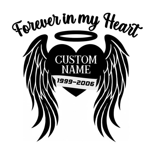 Forever in My Heart Memorial Decal | Custom Name with Wings | Waterproof Vinyl | Multiple Colors Available - Nostalgi Factory