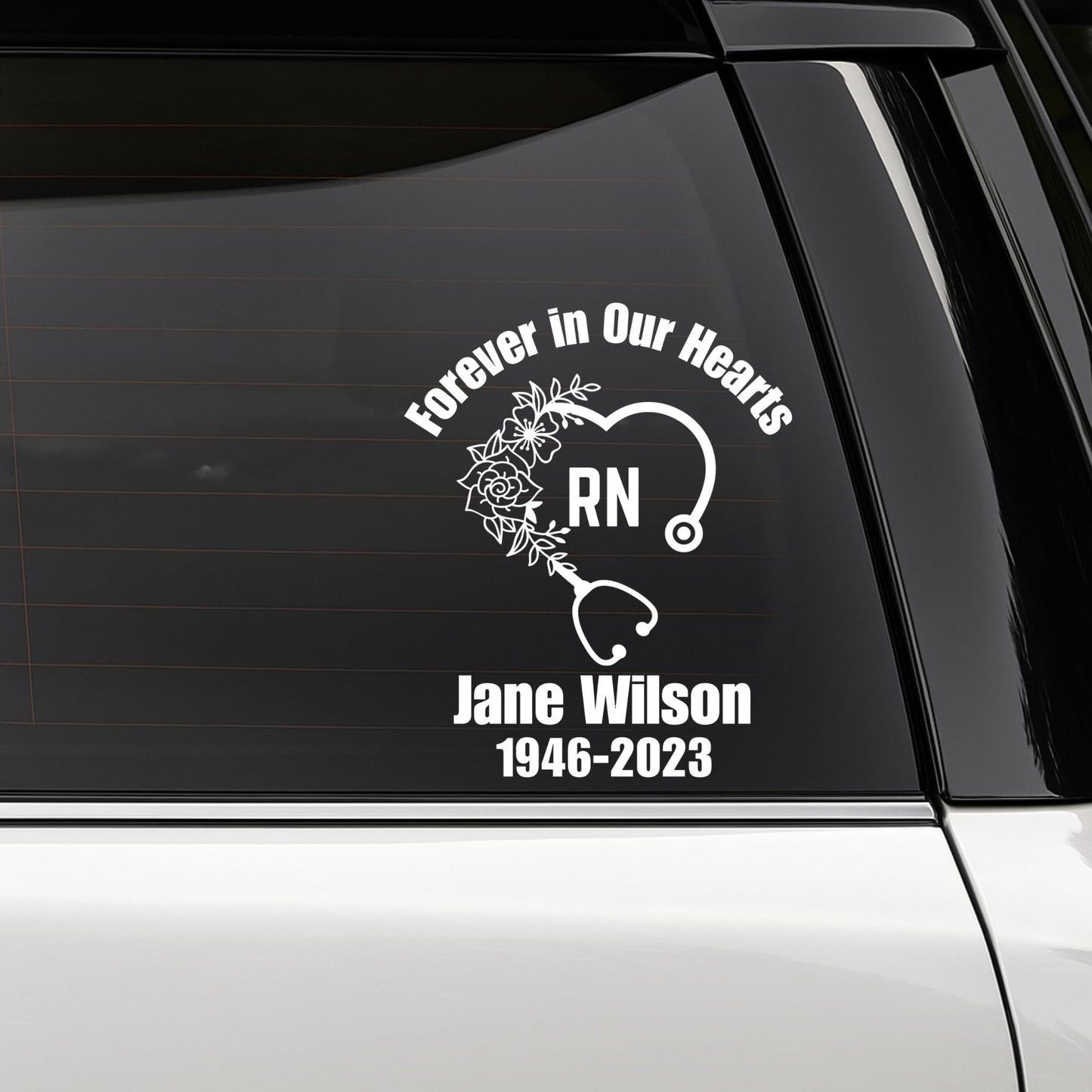 Personalized RN Memorial Car Decal | Forever in Our Hearts | Permanent Vinyl | Multiple Colors Available | Nurse - Nostalgi Factory