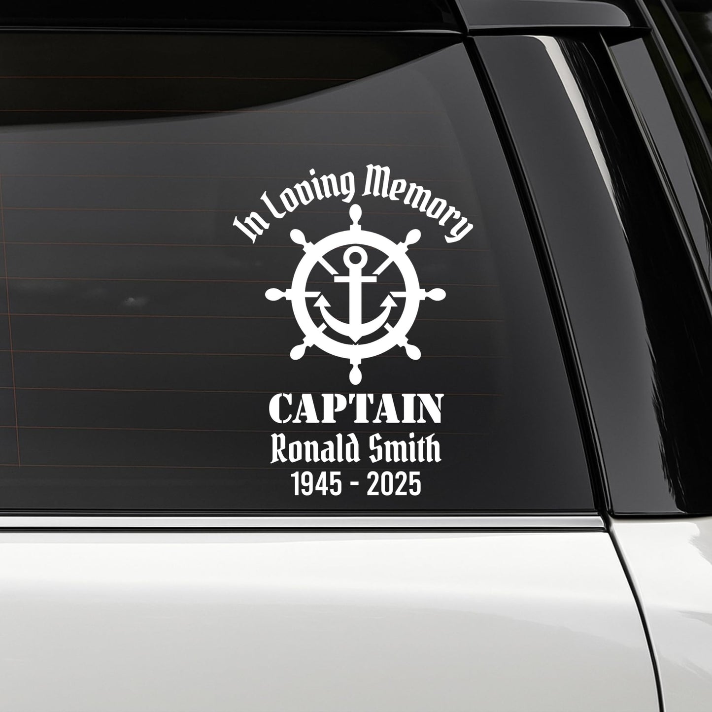 In Memory Captain Memorial Decal | Ship Wheel Anchor Design | Customizable Vinyl Car Sticker | 5 Color Options - Nostalgi Factory