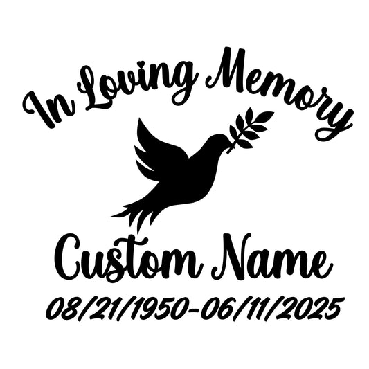 Personalized Loving Memory Car Decal | Custom Memorial Dove Sticker with Name & Dates | Permanent Vinyl | 5 Color Option - Nostalgi Factory
