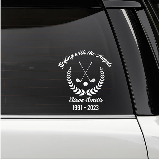 Golf Memorial Decal | Custom Name Commemorative Sticker | Golfing with Angels Design | Various Sizes and Colors Available - Nostalgi Factory