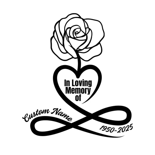 Rose Heart Loving Memory Car Decal | Custom Name and Dates | Permanent Vinyl Window Sticker | 5 Color Options - Nostalgi Factory