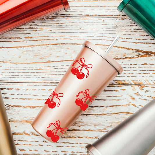 Set of 9 Girly Cherry Bow Decal | Cherries Vinyl Decal | Cute Car Tumblers Books, Gift, Notebook Decal | Coquette Bow Sticker Dedal | Various Sizes Available - Nostalgi Factory