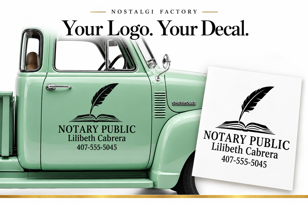Nostalgi Factory notary business decal on a mint truck beside matching book and quill artwork.