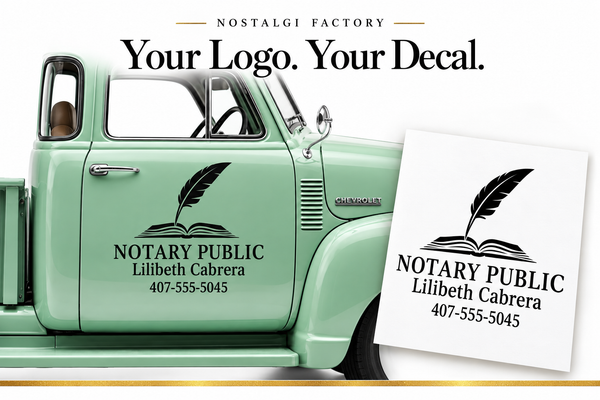 Nostalgi Factory notary business decal on a mint truck beside matching book and quill artwork.