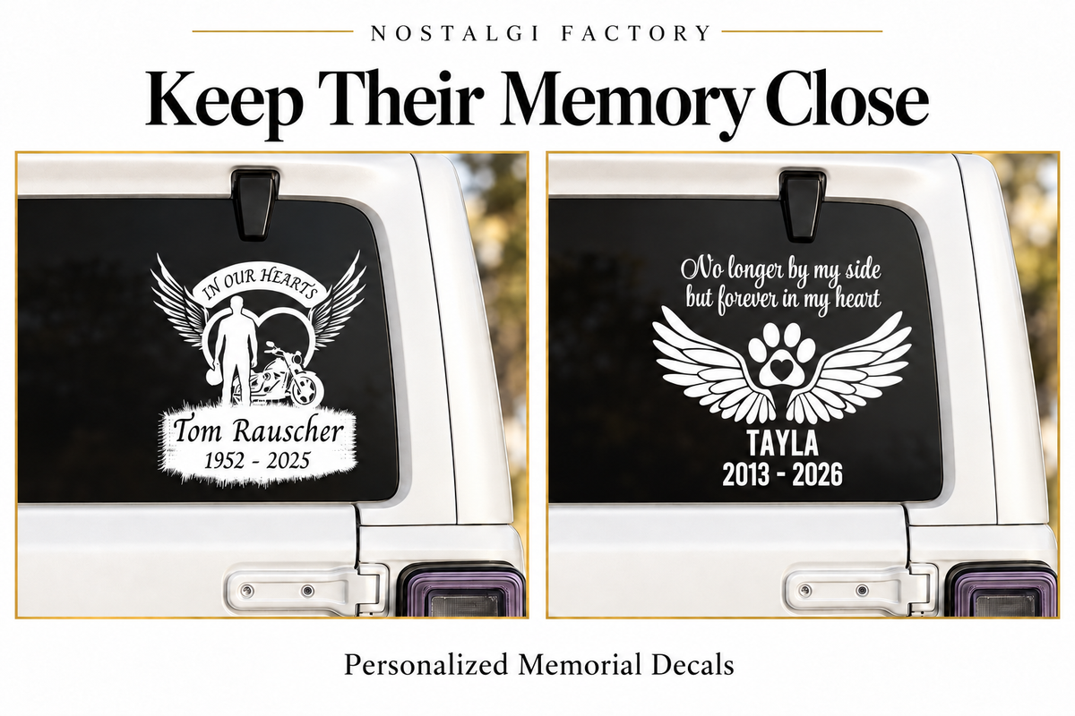 Keep Their Memory Close: Nostalgi Factory heart motorcycle and paw-and-wings pet memorial decals on car windows.