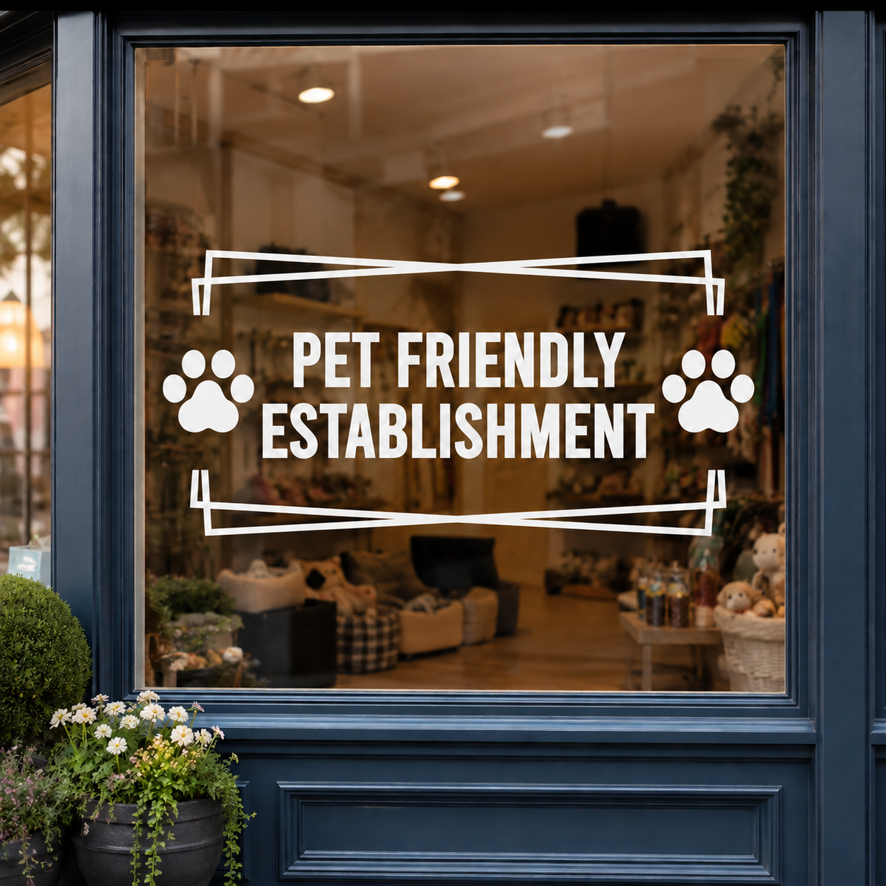 Pet Friendly Establishment business window decal applied to storefront glass