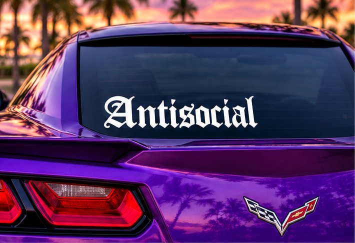 White Antisocial Gothic vinyl decal on purple Corvette rear window