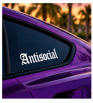 Antisocial vinyl decal on purple Corvette side window