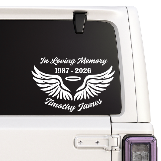 Loving Memory Angel Wings Car Decal | Customizable Memorial Vinyl Sticker