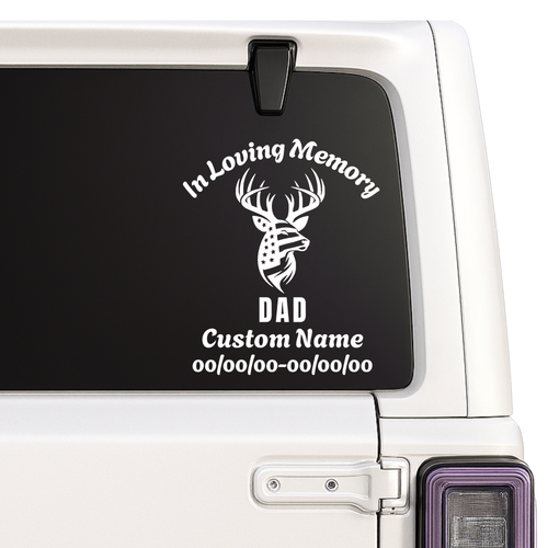 Custom Decal with deer design and text on a car window