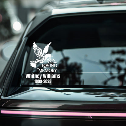 Personalized Dove Memorial | In Loving Memory Car Decal | Memorial with Custom Name and Dates | Permanent Vinyl | 5 Color Options - Nostalgi Factory