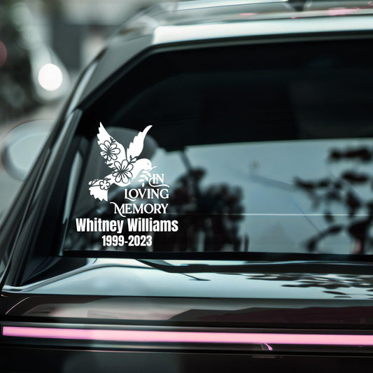 Personalized Dove Memorial | In Loving Memory Car Decal | Memorial with Custom Name and Dates | Permanent Vinyl | 5 Color Options - Nostalgi Factory