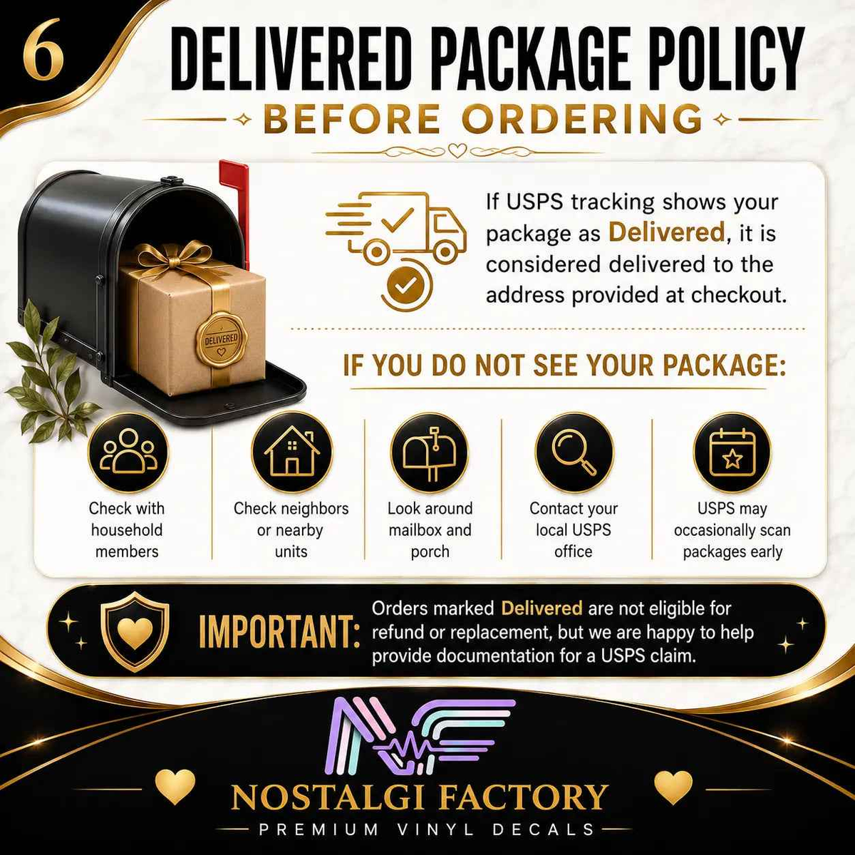 Delivered package policy infographic for Nostalgia Factory premium vinyl decals with a mailbox and gift box illustration.