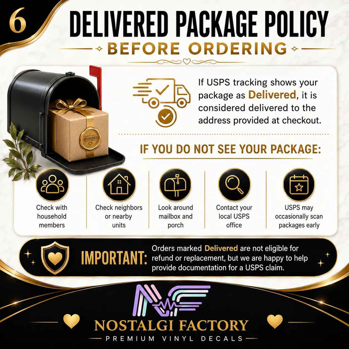 Delivered package policy infographic for Nostalgia Factory premium vinyl decals with a mailbox and gift box illustration.