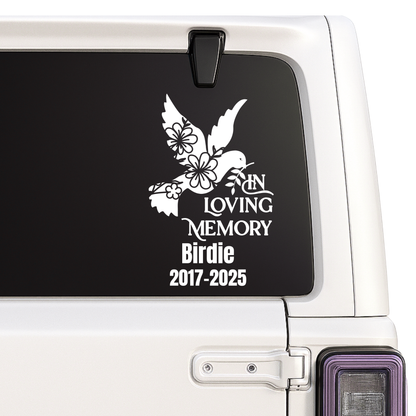 Personalized Dove Memorial | In Loving Memory Car Decal | Memorial with Custom Name and Dates | Permanent Vinyl | 5 Color Options Nostalgi Factory