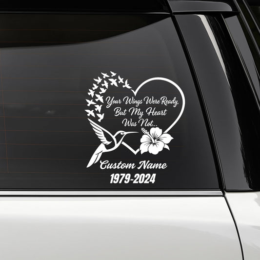 Memorial Car Decal | Customizable Hummingbird Heart Design with Dates | Permanent Vinyl Sticker | Multiple Colors Available - Nostalgi Factory