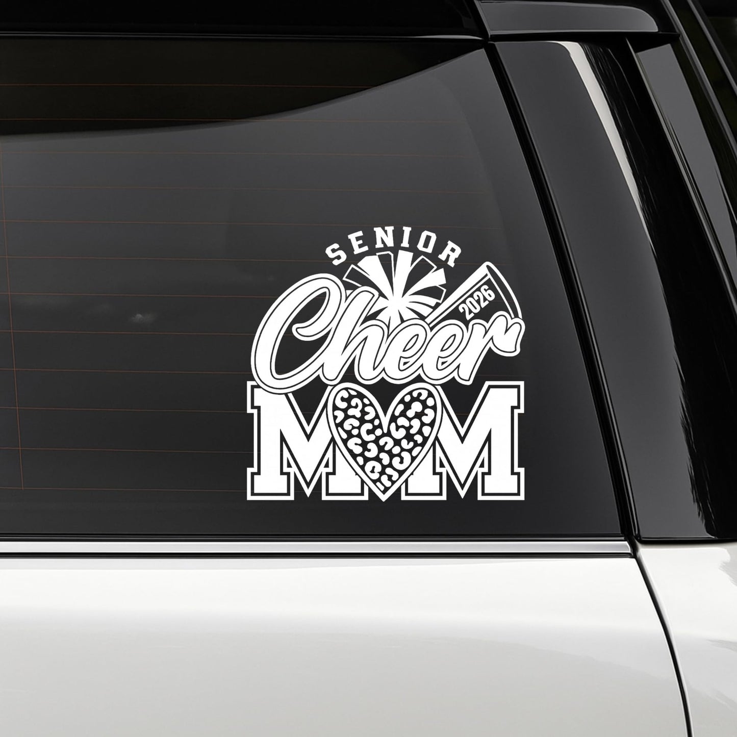 Senior Cheer Mom 2026 Car Decal, White Vinyl Sticker, Heart Design - Nostalgi Factory