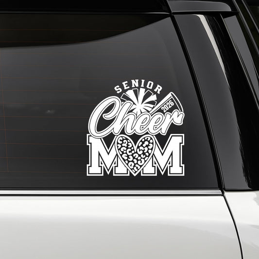 Senior Cheer Mom 2026 Car Decal, White Vinyl Sticker, Heart Design - Nostalgi Factory