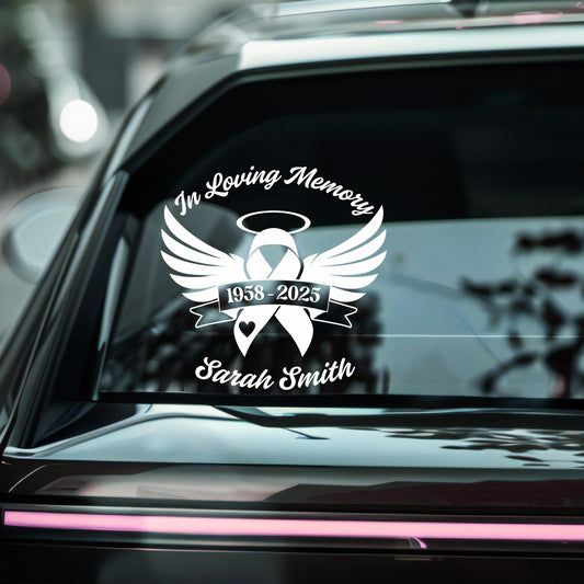 Cancer Custom Loving Memory Car Decal | Personalized Memorial Angel Wings | Vinyl Sticker | Multiple Colors Available - Nostalgi Factory