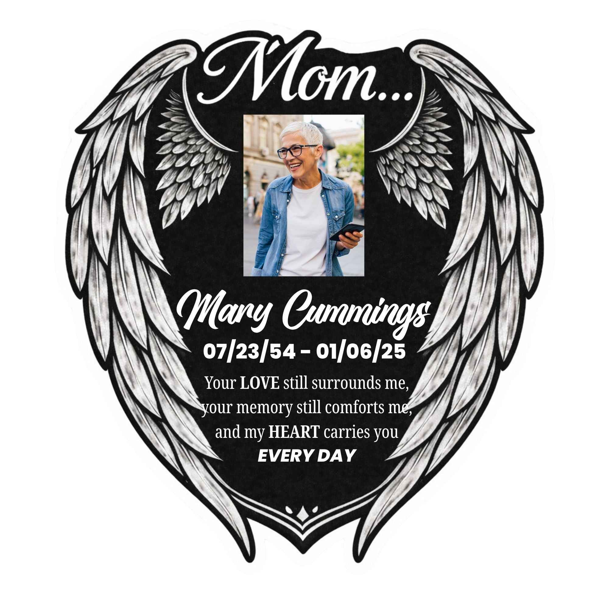 Personalized Mom Memorial Photo Sticker – Angel Wings Car Window Tribute
