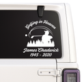 Memorial decal for a golf enthusiast on a vehicle window.