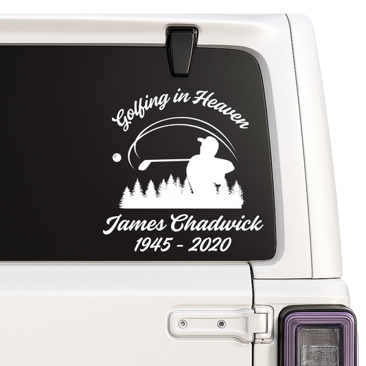 Golfing in Heaven Memorial Decal | Custom Name & Date Vinyl Sticker for Golfers | 5 Colors Nostalgi Factory