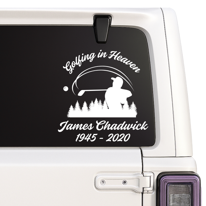 Memorial decal for a golf enthusiast on a vehicle window.