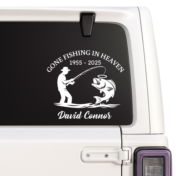 Decal on a car window with fishing design and text 'Gone Fishing in Heaven 