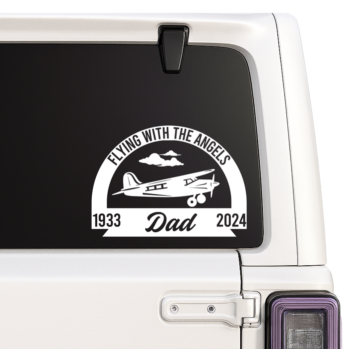 Custom Decal on a car window with airplane design and text 'Flying with the Angels 