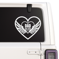 Heart-shaped decal with 'DAD' and wings on a car window.