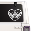 Heart-shaped decal with 'MOM' and wings on a car window.