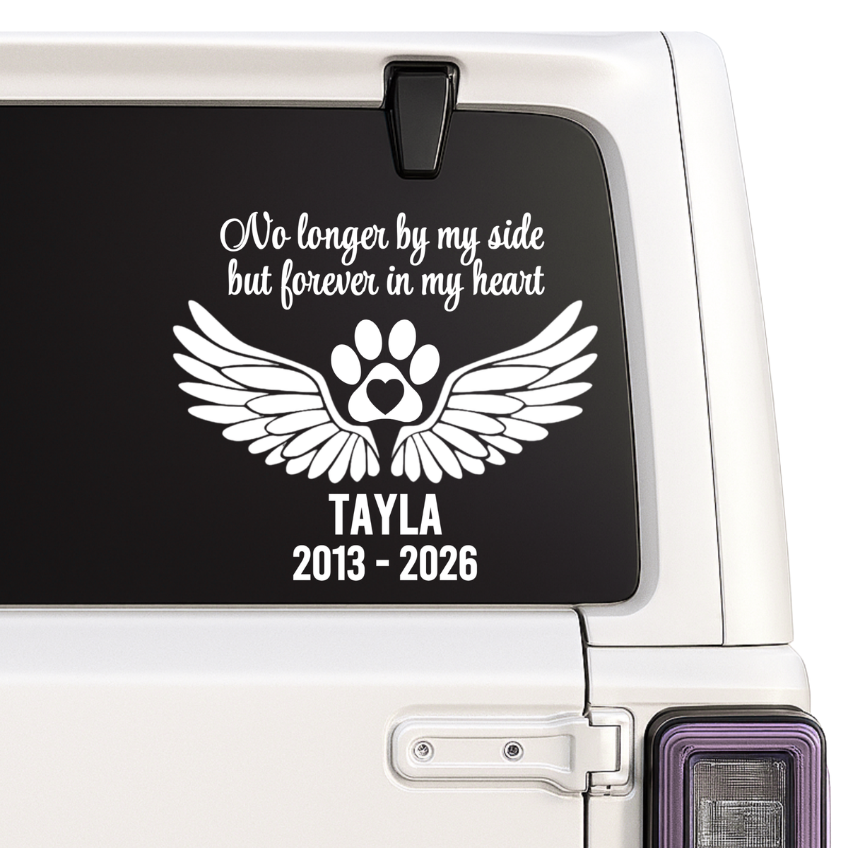 Personalized pet memorial car decal with angel wings and paw print on rear window