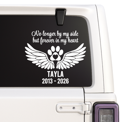Personalized pet memorial car decal with angel wings and paw print on rear window