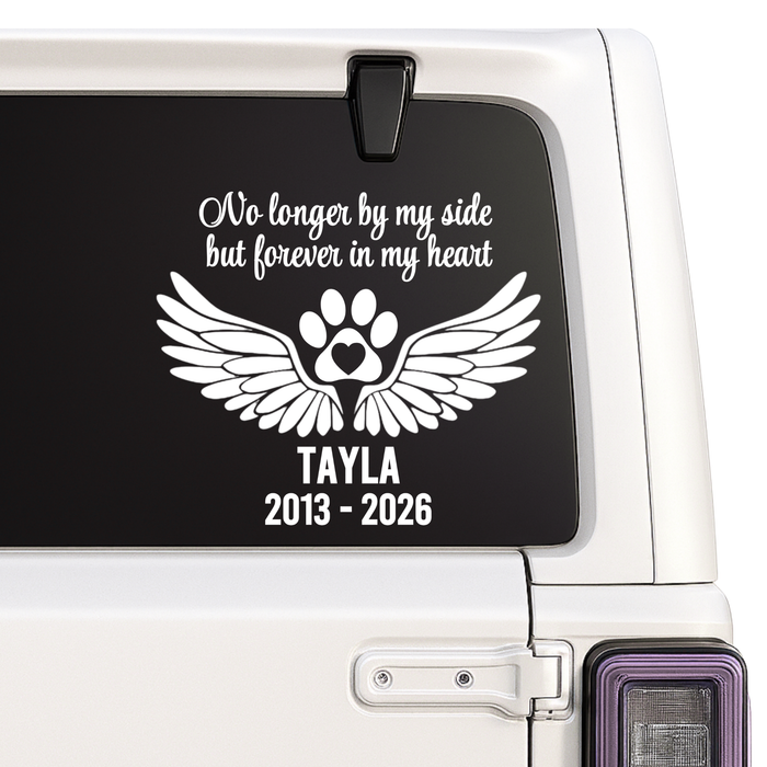 Personalized pet memorial car decal with angel wings and paw print on rear window