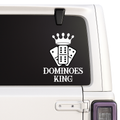Car window with 'Dominoes King' decal featuring a crown on a black background