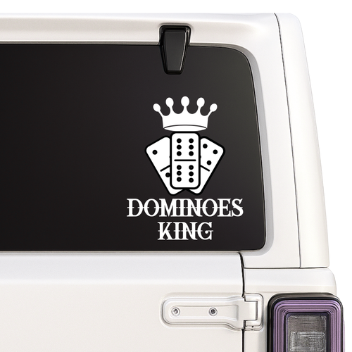 Car window with 'Dominoes King' decal featuring a crown on a black background