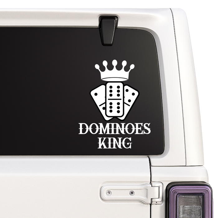 Car window with 'Dominoes King' decal featuring a crown on a black background